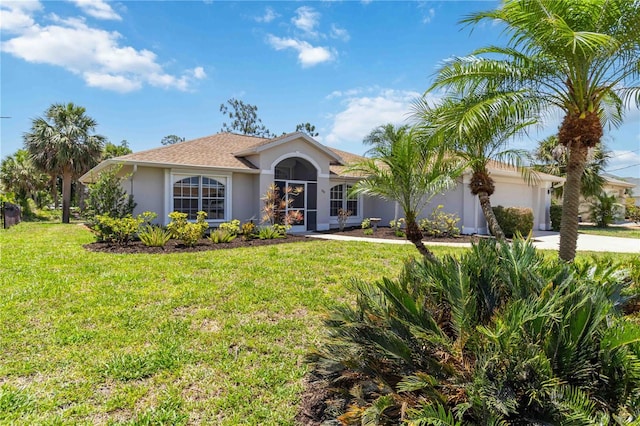 251 Broadmoor Ln, Rotonda West, FL 33947 - view of front facade featuring stucco siding, a front yard, an attached garage, and driveway