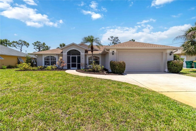 251 Broadmoor Ln, Rotonda West, FL 33947 - ranch-style home with stucco siding, a garage, driveway, and a front yard