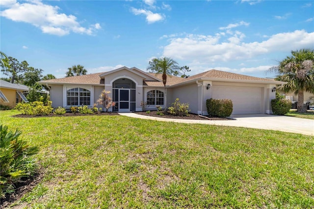 251 Broadmoor Ln, Rotonda West, FL 33947 - ranch-style home featuring stucco siding, a garage, driveway, and a front yard