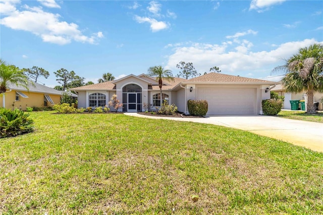 251 Broadmoor Ln, Rotonda West, FL 33947 - ranch-style house with stucco siding, driveway, a garage, and a front yard