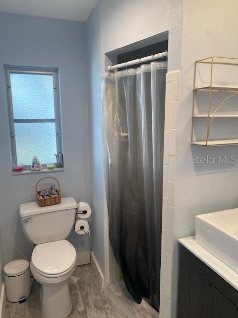 bathroom with wood finished floors, toilet, baseboards, a shower with curtain, and vanity