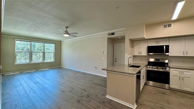 4142 Central Sarasota Pkwy Unit 1423, Sarasota, FL 34238 - kitchen featuring appliances with stainless steel finishes, a sink, a peninsula, ceiling fan, and ornamental molding