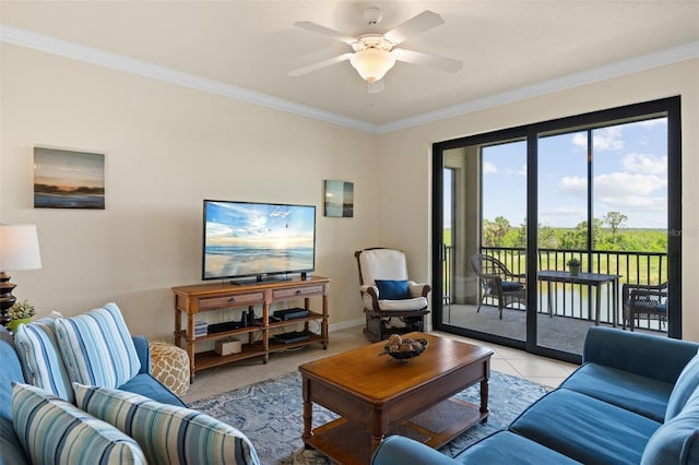 7005 River Hammock Dr Unit 203, Bradenton, FL 34212 - living room with ceiling fan, crown molding, light tile patterned floors, and baseboards