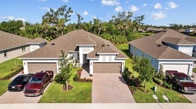 5816 Mezzana Run, Palmetto, FL 34221 - view of front facade featuring decorative driveway, a garage, stucco siding, a front yard, and a shingled roof