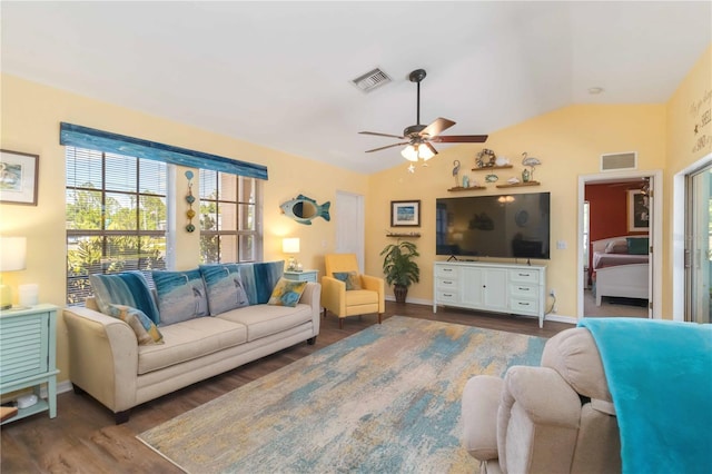 2801 Dalhart Ave, North Port, FL 34286 - living room featuring ceiling fan, wood finished floors, lofted ceiling, and baseboards