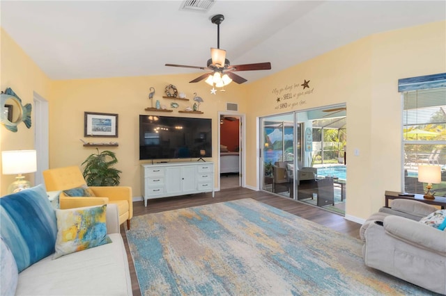 2801 Dalhart Ave, North Port, FL 34286 - living room with a ceiling fan, wood finished floors, baseboards, and lofted ceiling