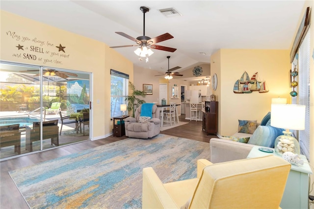 2801 Dalhart Ave, North Port, FL 34286 - living room featuring a ceiling fan, vaulted ceiling, and wood finished floors