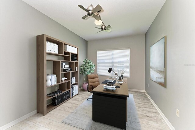 11811 Fennemore Way, Parrish, FL 34219 - office area featuring ceiling fan, light wood-style floors, and baseboards