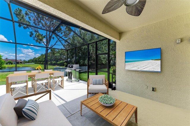 11811 Fennemore Way, Parrish, FL 34219 - view of patio / terrace featuring a water view, ceiling fan, outdoor lounge area, a lanai, and a grill