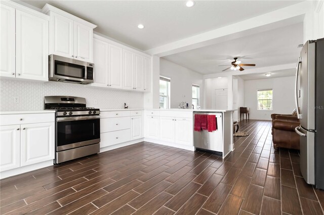 10926 Sand Pine Ln, Parrish, FL 34219 - kitchen featuring appliances with stainless steel finishes, a peninsula, a ceiling fan, dark wood-style flooring, and white cabinets