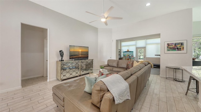 6721 Oak Manor Dr, Lakewood Ranch, FL 34202 - living room with light wood-type flooring, a ceiling fan, baseboards, and recessed lighting