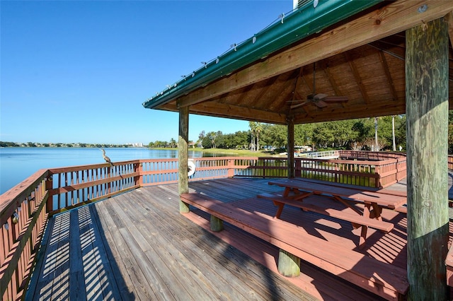 6721 Oak Manor Dr, Lakewood Ranch, FL 34202 - deck featuring a ceiling fan and a water view
