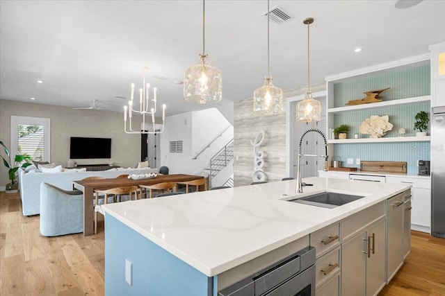 kitchen with a sink, light wood finished floors, stainless steel appliances, open shelves, and a center island with sink