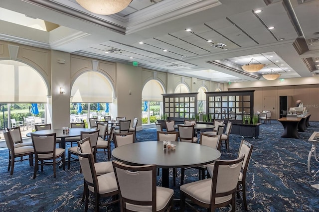 8755 Olde Hickory Ave Unit 7105, Sarasota, FL 34238 - dining space with carpet, crown molding, coffered ceiling, and a high ceiling