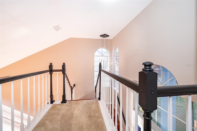 1839 Cranberry Isles Way, Apopka, FL 32712 - hall with an upstairs landing, vaulted ceiling, and carpet flooring