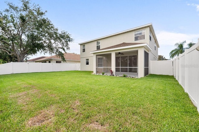 4429 67th St E, Bradenton, FL 34203 - rear view of property with stucco siding, ceiling fan, and a sunroom