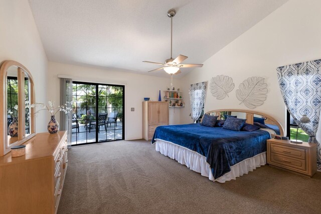 carpeted bedroom featuring lofted ceiling, access to exterior, and a ceiling fan