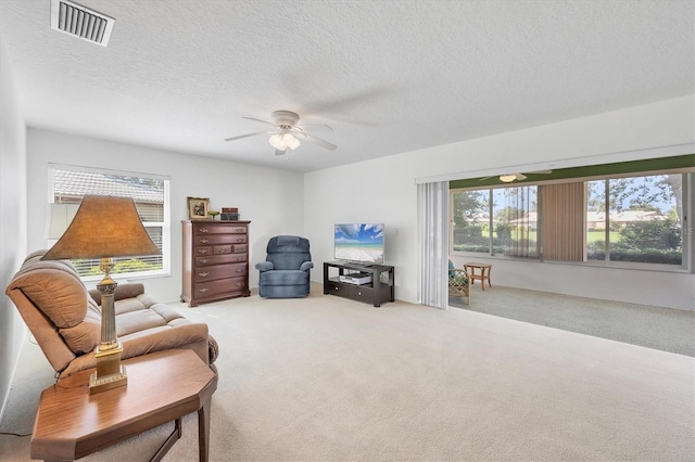 6701 12th Ave W, Bradenton, FL 34209 - carpeted living area featuring plenty of natural light, a ceiling fan, and a textured ceiling