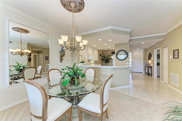 8422 Wethersfield Run Unit 103, Lakewood Ranch, FL 34202 - dining area featuring a chandelier, crown molding, baseboards, light tile patterned floors, and recessed lighting