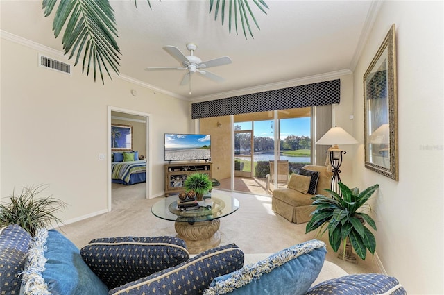 8422 Wethersfield Run Unit 103, Lakewood Ranch, FL 34202 - living area featuring carpet, ornamental molding, baseboards, and ceiling fan