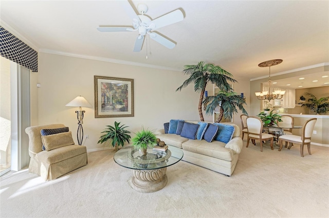8422 Wethersfield Run Unit 103, Lakewood Ranch, FL 34202 - living room with light colored carpet, crown molding, a chandelier, baseboards, and a ceiling fan