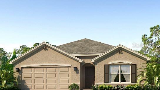 4423 Dusky Dawn Ln, Palmetto, FL 34221 - ranch-style house featuring a garage, stucco siding, driveway, and roof with shingles