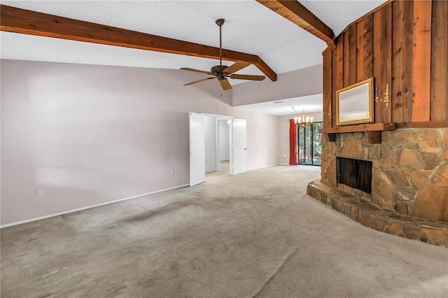 3934 Brookside Dr, Sarasota, FL 34231 - unfurnished living room featuring light colored carpet, a ceiling fan, a stone fireplace, baseboards, and a chandelier