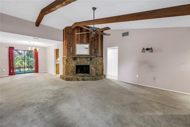 3934 Brookside Dr, Sarasota, FL 34231 - unfurnished living room with carpet, ceiling fan, a chandelier, baseboards, and a fireplace