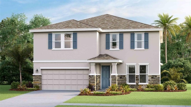 view of front of property featuring stone siding, stucco siding, a front lawn, and an attached garage