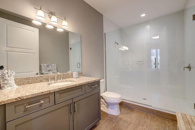 full bathroom with a stall shower, toilet, vanity, and wood finish floors