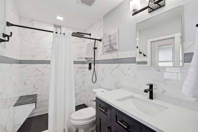 2127 Corfell St, Port Charlotte, FL 33948 - full bathroom featuring tile walls, vanity, a tile shower, toilet, and a textured ceiling