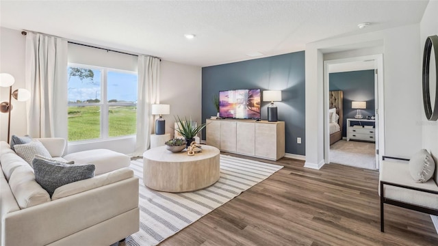 living area featuring wood finished floors, baseboards, and recessed lighting