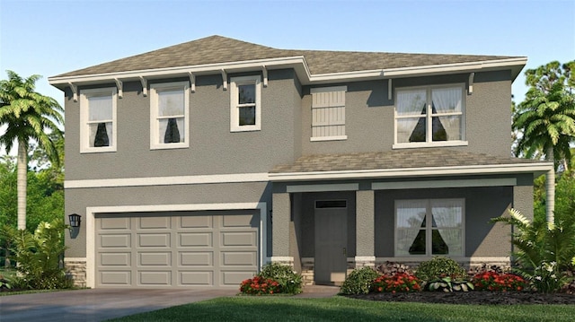 18313 Canopy Pl, Lakewood Ranch, FL 34211 - view of front of home featuring an attached garage, driveway, stucco siding, roof with shingles, and a porch
