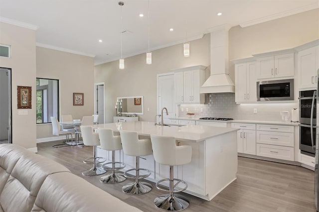 kitchen with premium range hood, a sink, light wood-style floors, backsplash, and ornamental molding