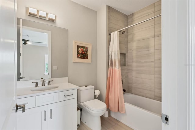 bathroom with vanity, toilet, shower / tub combo with curtain, and tile patterned floors