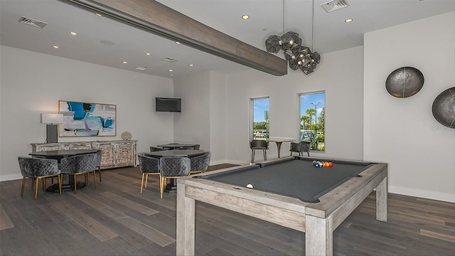 playroom with wood finished floors, baseboards, recessed lighting, beam ceiling, and pool table