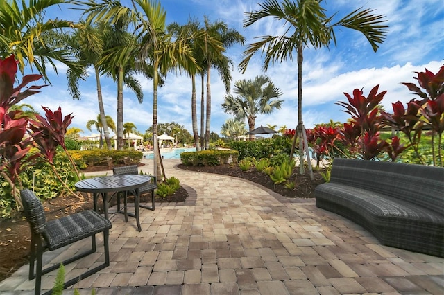 view of home's community featuring a patio and a swimming pool
