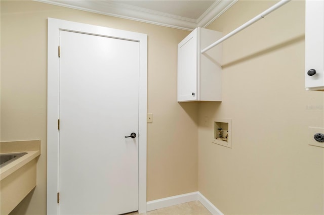 4443 Robin Hood Trl W, Sarasota, FL 34232 - laundry area featuring cabinet space, washer hookup, electric dryer hookup, ornamental molding, and baseboards
