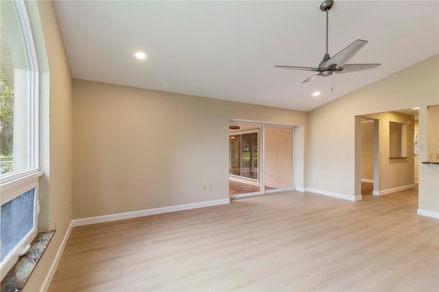 4443 Robin Hood Trl W, Sarasota, FL 34232 - unfurnished room with a ceiling fan, light wood finished floors, lofted ceiling, recessed lighting, and baseboards