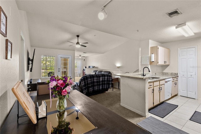 8926 Manor Loop Unit 201, Lakewood Ranch, FL 34202 - kitchen featuring white dishwasher, a sink, ceiling fan, vaulted ceiling, and open floor plan