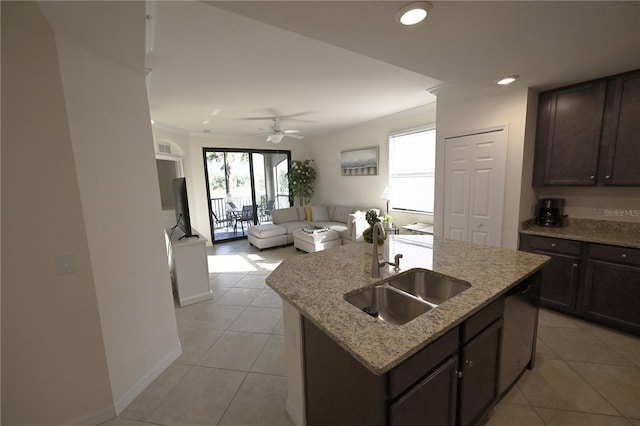16904 Vardon Ter Unit 208, Lakewood Ranch, FL 34211 - kitchen featuring a sink, light tile patterned floors, a ceiling fan, open floor plan, and recessed lighting