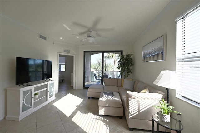 16904 Vardon Ter Unit 208, Lakewood Ranch, FL 34211 - living area with crown molding, light tile patterned flooring, ceiling fan, and baseboards
