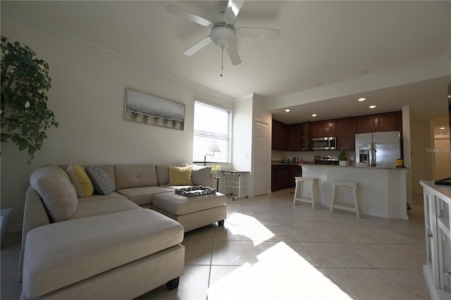 16904 Vardon Ter Unit 208, Lakewood Ranch, FL 34211 - living area featuring crown molding, light tile patterned floors, a ceiling fan, and recessed lighting