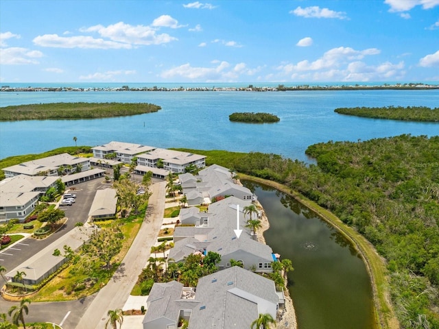 aerial view of residential area featuring a large body of water