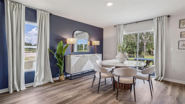 dining room featuring wood finished floors and baseboards