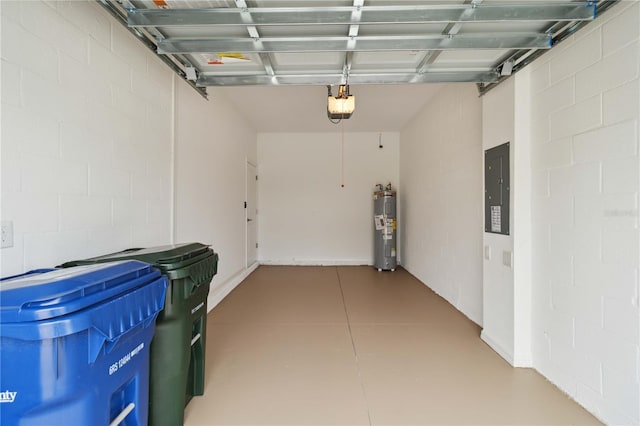 9064 Driven Snow St, Sarasota, FL 34241 - garage featuring electric water heater, a garage door opener, electric panel, and concrete block wall