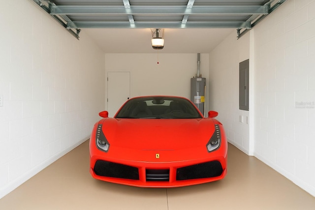9064 Driven Snow St, Sarasota, FL 34241 - garage with electric panel, water heater, concrete block wall, and a garage door opener