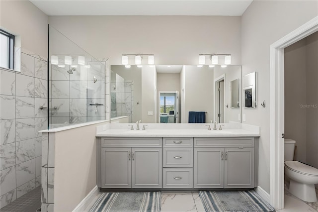 13708 Old Creek Ct, Parrish, FL 34219 - bathroom with marble look tiles, toilet, walk in shower, and double vanity