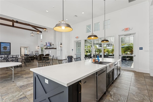13708 Old Creek Ct, Parrish, FL 34219 - kitchen with a high ceiling, a sink, stone tile flooring, stainless steel dishwasher, and light countertops