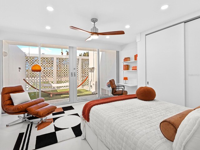 7647 Sanderling Rd, Sarasota, FL 34242 - bedroom with access to outside, recessed lighting, tile patterned floors, and a ceiling fan